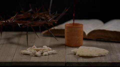 Crown Of Thorns, Bread, Bible and Wine representing Communion Stock-Footage 128573449