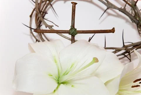 Crown of Thorns, crucifix and Easter white Lily Stock Photos