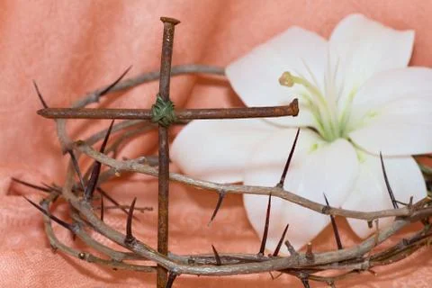 Crown of Thorns, crucifix and Easter white Lily Stock Photos
