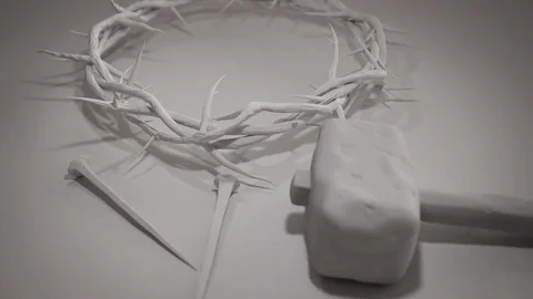 Crown of Thorns, Hammer, and Nails of Jesus Christ 3D Rendering Loop Stock Footage 73877973