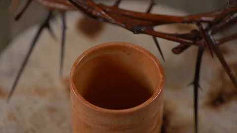 Crown Of Thorns Of Jesus Christ At Easter with Wine and Bread 스톡 동영상 128572825