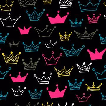 Crown vector seamless pattern on black background. Bright crowns. Stock Illustration