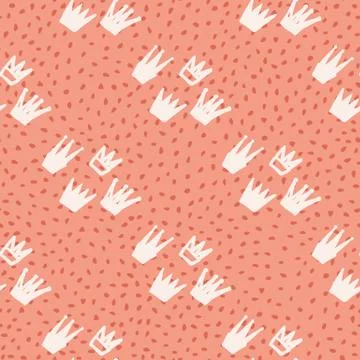 Crown white ornament seamless pattern. Coral background with dots. Hand drawn Illustrazione stock