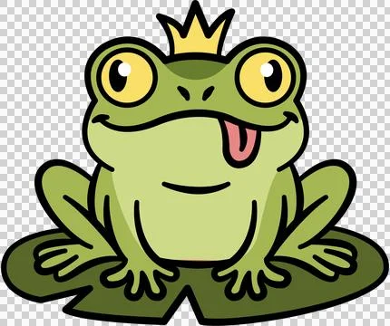 Crowned frog illustration with cheerful expression and lily pad Illustrazione stock