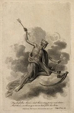 A crowned skeleton with three arrows. Etching, 1806. Stock Illustration