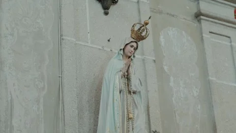 Crowned Statue Of Our Lady Of Fatima Praying With Rosary In Church In Portugal Stock Footage 337913356
