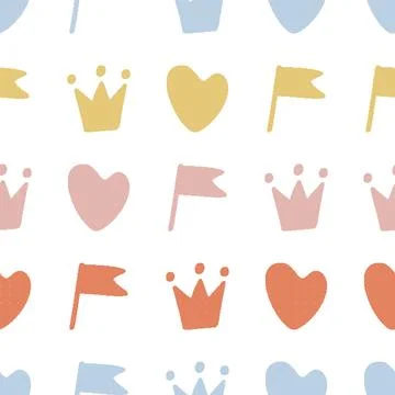 Crowns Hearts Flags Seamless Pattern. Vector seamless dithering pixel style.. Stock Illustration