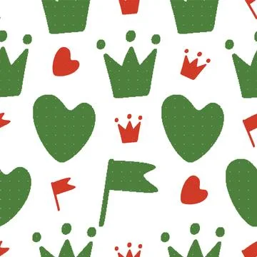 Crowns Hearts Flags Seamless Pattern. Vector seamless dithering pixel style.. Stock Illustration