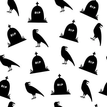 Crows and tombstones seamless pattern. Halloween attributes. Black hand drawn Stock Illustration