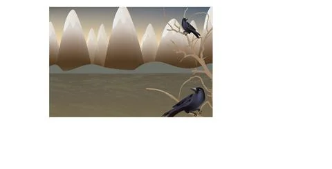 CROWS SIT ON A TREE IN THE BACKGROUND OF MOUNTAINS Stock Illustration