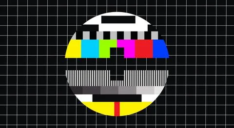 CRT TV Test Pattern Signal Screen with Color Bars on Black Grid Illustrazione stock