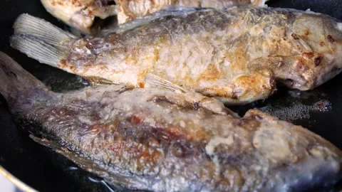 Crucian carp rolled in flour is fried in a pan in oil. Stock Footage 197014124