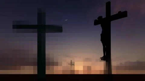 A crucifix silhouette set against a dramatic sky. Stock Illustration