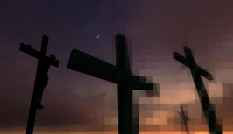 A crucifix silhouette set against a dramatic sky. Stock Illustration