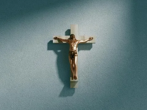 Crucifix on wall in spotlight inside old dark church or cathedral. Jesus Christ Stock Illustration
