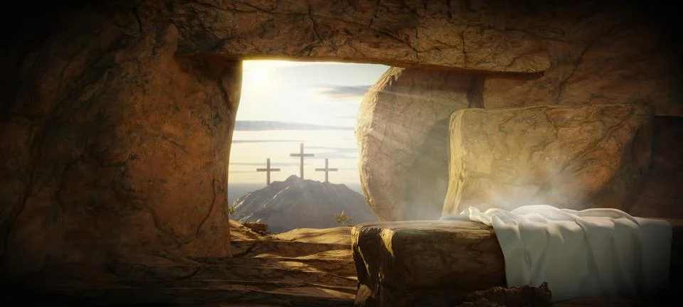 Crucifixion and Resurrection. He is Risen. Empty tomb of Jesus with crosses i Stock Photos