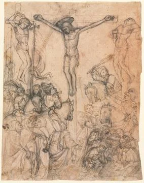 Crucifixion with the Two Thieves, second half 15th century. Italy, Piedmont.. Stock Illustration