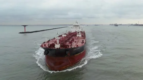 Crude oil tanker. Aerial view of oil tanker ship leaving port Stock Footage