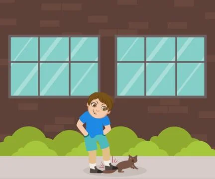 Cruelty Boy Going to Step on Tail of Cat, Bad Behavior Vector Illustration Stock Illustration