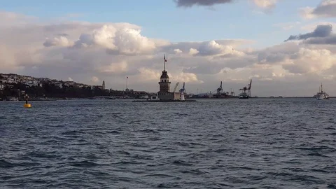Cruise Bosphorus in sunset time going to Maiden's tower - skyline of Istanbul Stock Footage 129798907