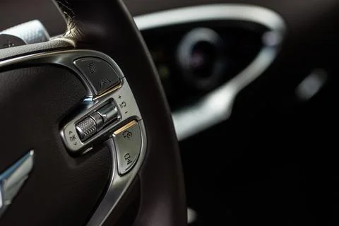 Cruise control switch closeup. Adaptive cruise control leaver. Cruise control Stock Photos