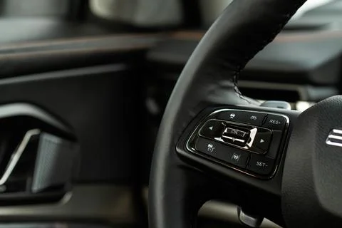 Cruise control switch closeup. Adaptive cruise control leaver. Cruise control Stock Photos