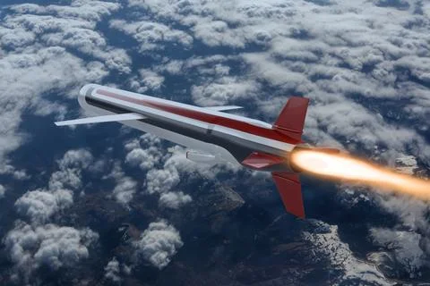 A cruise missile is moving at high speed in the atmosphere Fotos de archivo