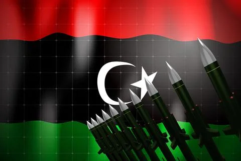 Cruise missiles, flag of Libya in background - defense concept - 3D illustrat Stock Illustration