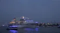 Cruise Ship and ferryboat blue illuminated parade in Hamburg harbour HD Footage