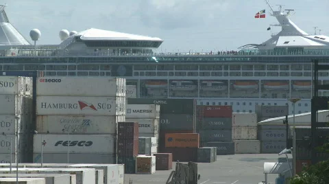 Cruise ship behind containers plus truck Stock Footage 629675