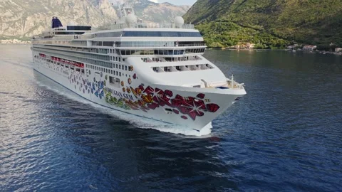 Cruise Ship Bow Cutting Through Calm Bay Water Aerial View Stock Footage 344279425