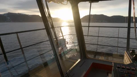 Cruise Ship Bridge Deck Midnight Sun Nordkapp Norway Arctic Navigation Sunset Stock Footage 333412487