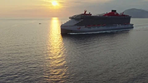 Cruise Ship Close-Up Superstructure Golden Hour Aerial Montenegro Video stock 337937422