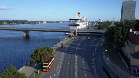 Cruise Ship Costa Pacifica Moored In Port of Riga, tilt up shot Stock Footage