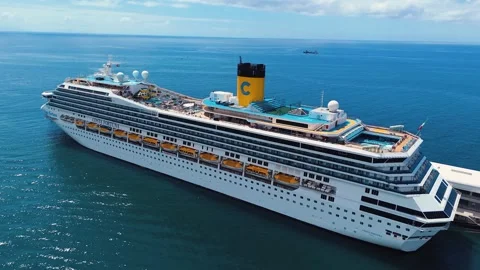Cruise Ship Deck with Pool and Passengers Aerial Stock Footage 333528897