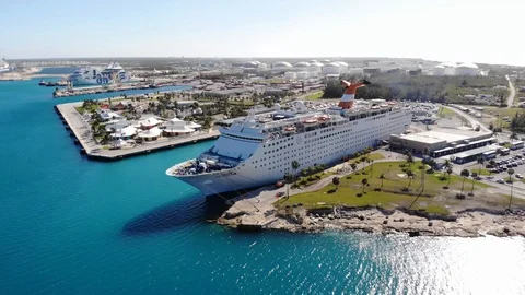 Cruise Ship Docked at Freeport Harbor on Sunny Day Aerial View Stock Footage 103066685