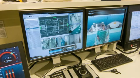 Cruise Ship Engine Control Room Interior Monitoring Cameras Stock Footage 67588631