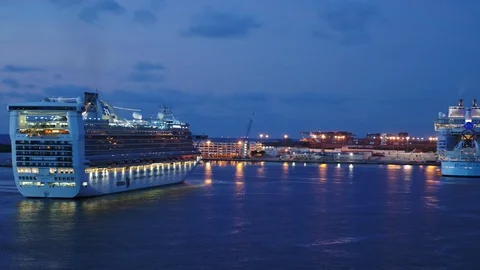 Cruise ship Harmony of the Seas returning to Port Everglades at dusk Stock Footage 116424872