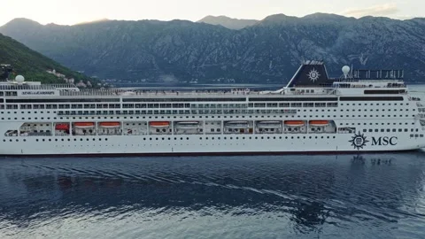 Cruise Ship Hull MSC Logo Close Up Aerial View Bay of Kotor 스톡 동영상 335582998