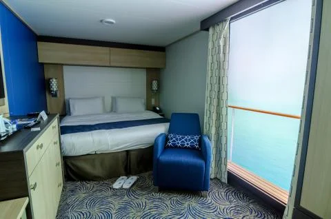 Cruise ship, internal cabin on the liner, virtual balcony Stock Photos