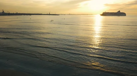 Cruise ship Moving to Docks in Sunset Light Stock Footage 64932301