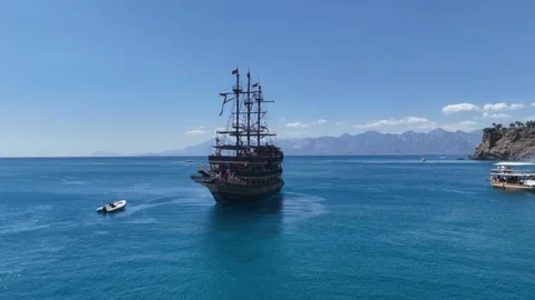 Cruise ship next to Duden waterfall in Mediterranean Sea Stock Footage 344029809
