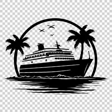 Cruise Ship Palm Trees Circular Frame and birds silhouette Stock Illustration