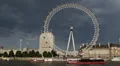 Cruise Ship Passing British Landmark London Eye South Bank Thames River Aquarium HD Footage