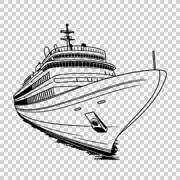 Cruise Ship Prow Low Angle View antenna line art black white イラスト素材
