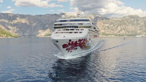 Cruise Ship Sailing Head On Through Mountain Bay Aerial Stock Footage 344279419