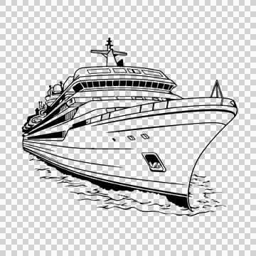Cruise Ship Sailing On Ocean Waves line art black white boat Stock Illustration