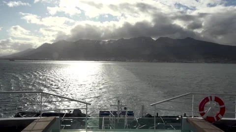 Cruise Ship Sailing Through Beagle Channel at Sunset toward Antarctica Stock Footage 344547978