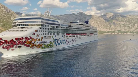 Cruise Ship Side Profile Sailing Mountain Bay Aerial View Stock Footage 344279260