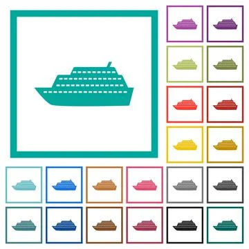 Cruise ship side view flat color icons with quadrant frames Stock Illustration